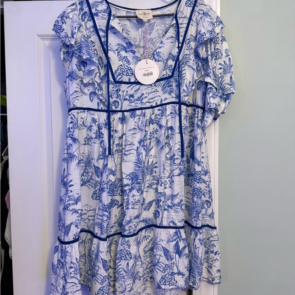 Umgee Blue and White Floral Midi Dress